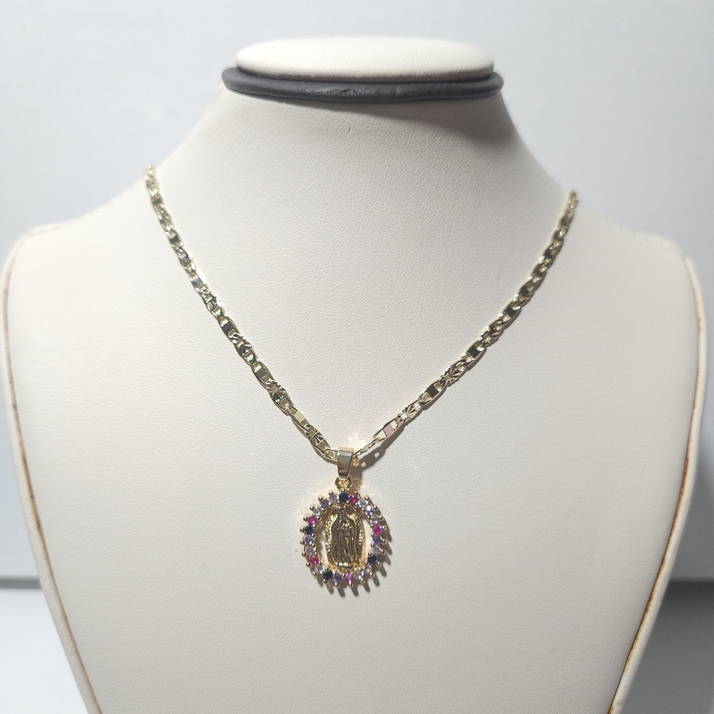 Gold Plated Virgin Guadalupe Pendant Necklace with Colorful Stones